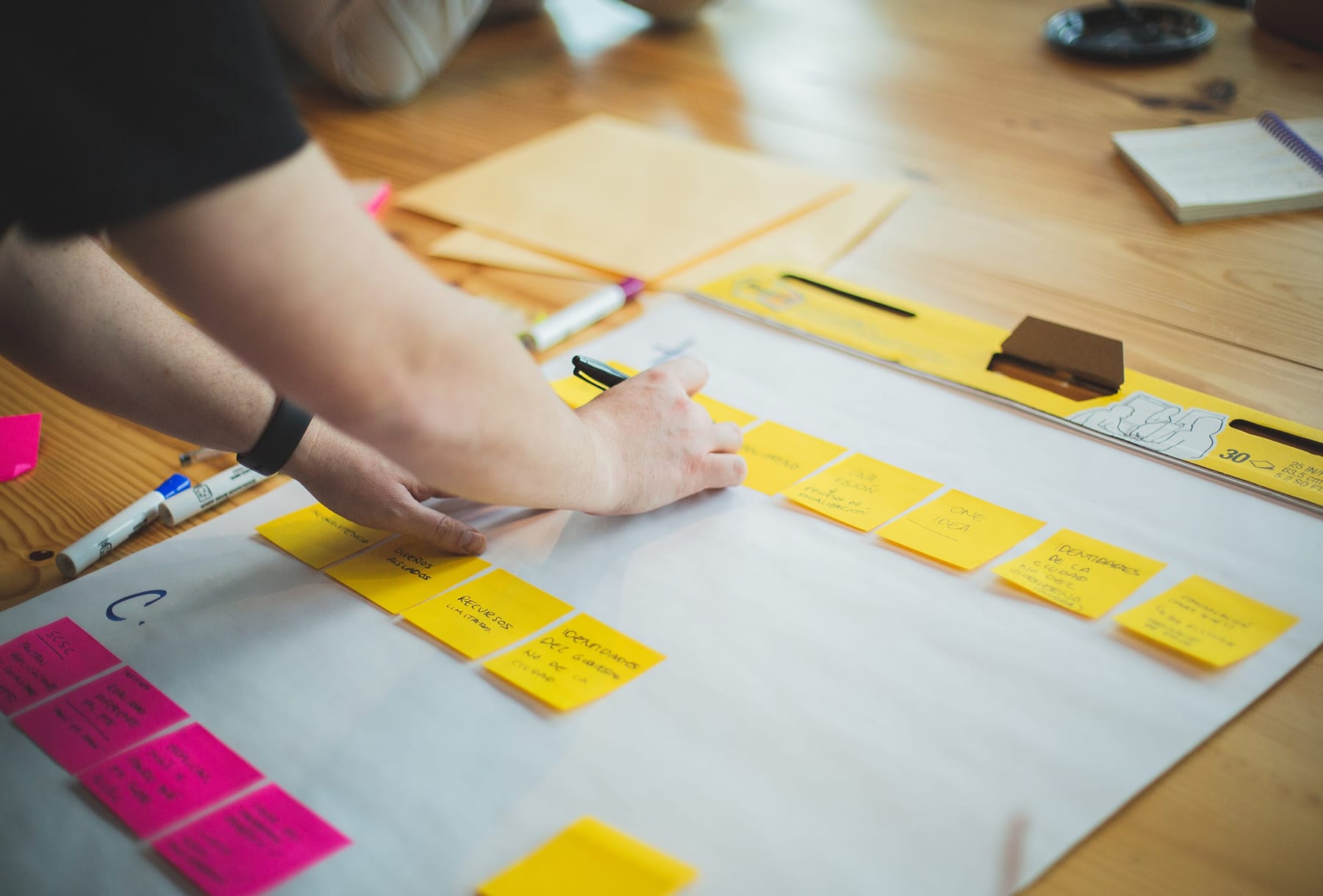 Marketing people sticking sticky paper to board